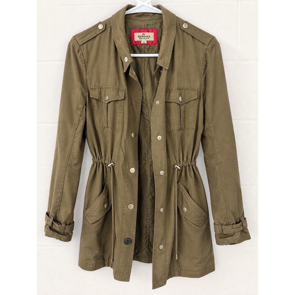 Bershka Utility Field Jacket Women Large Olive Green Military Drawstring Waist L